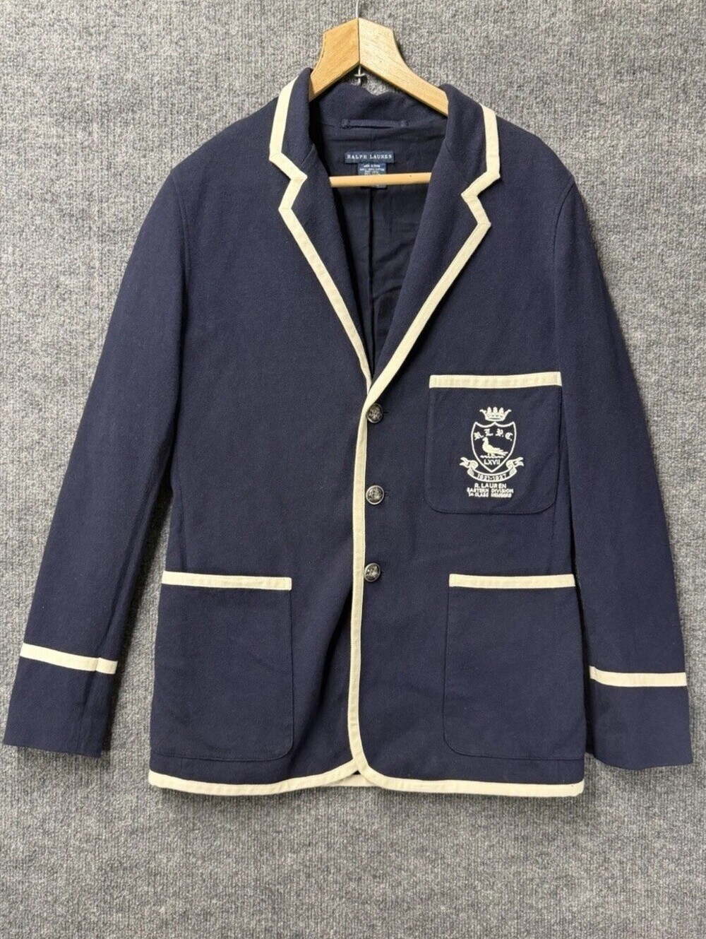 Vintage Ralph Lauren LRL Blazer Sz L Crest Crown Gold Buttons Linen Navy Blue